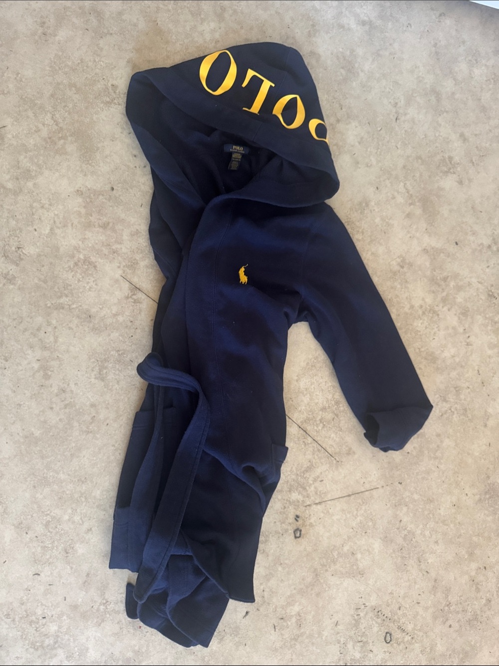 Ralph Lauren Navy Hooded Kids Robe with Yellow Pony & Hood Lettering